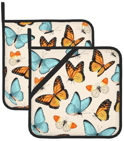 Set di 2 presine a farfalla blu giallo, per cucina, presine resistenti al calore, presine calde per bancone della cucina, presine con passante, per cucinare, grigliare e cuocere al forno