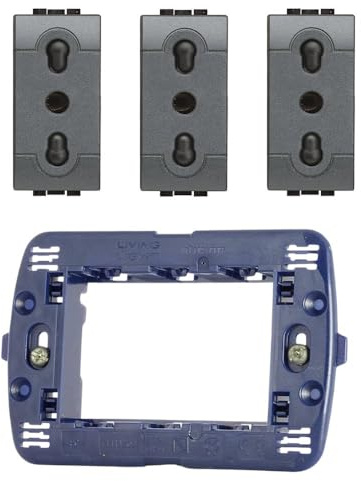 Prese Interruttori Deviatori Copriforo Supporto Telaio 3 Posti Bticino Serie Living Grigio Antracite per Impianti Elettrici (1 Supporto con 3 Prese)