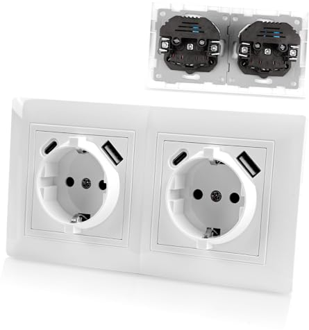 BrightArk Enchufe Doble con USB 16Amp,Enchufes Schuko con Conector USB de Carga Rápida y Puerto Tipo C, Enchufe de Pared de Montaje Empotrado Blanco