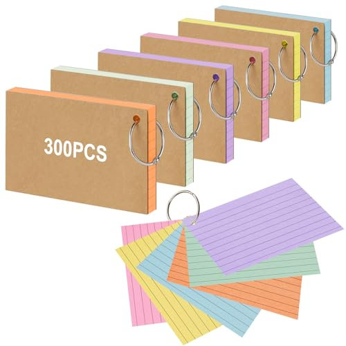 Vicloon Liniert Karteikarten, 300 Stück Lernkarten mit Ring 12,7 x 7,6cm Flash Cards Mehrfarbige Vokabelkarten für Studienaufzeichnung, Vokabel Lernen, Schule, Büro, Zuhause (6 Farben)