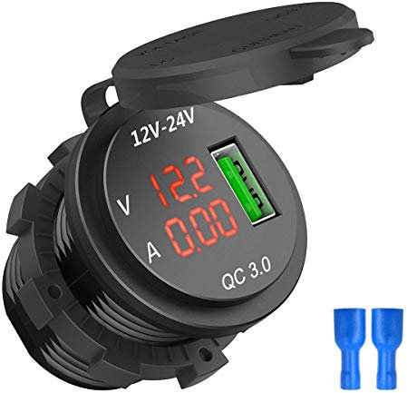 Ricardonty 12V / 24V Caricabatteria da Auto con Presa Accendisigari 3.0 Caricabatteria da Auto con LED Voltmetro Amperometro Nero e Rosso