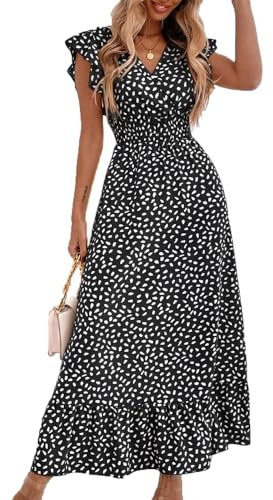 BSLVWG Womens Maxi Dress Ruffle Petal Short Sleeve V Neck Floral Flowy Summer Beach Holiday Sundress Casual Elastic High Waist Long Dress (UK, Alpha, XL, Regular, Regular, Black)