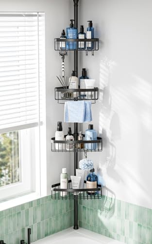 Corner Shower Caddy Tension Pole: Adjustable Rustproof 4-Tier Inside Bathroom Organizer - 47-121 inch Quick Installation Bathtub Shelves for Shampoo Storage - Rod Floor Standing Bath Rack - Black