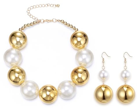 EVER FAITH große Kugelkette Perlen Choker Halskette für Damen Creme und Gold simuliert Perle Statement Chunky Modeschmuck