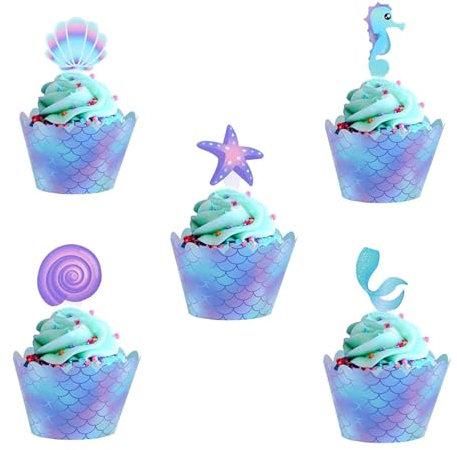 Ocean Mermaid Cupcake Wrappers for Under the Sea Theme Birthday Party and Baby Shower