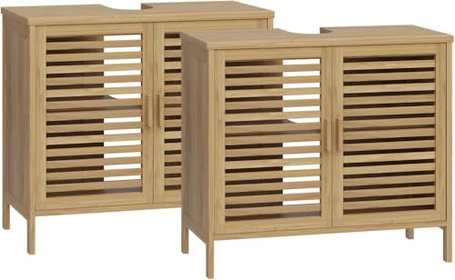 Bellamio Waschbeckenunterschrank 2er Set Newa mit je 2 Ablagen, Badezimmerschrank mit 2 Türen, Badezimmermöbel aus Bambus lackiert, Standregal Bambus Regal Maße 60x65x33 cm
