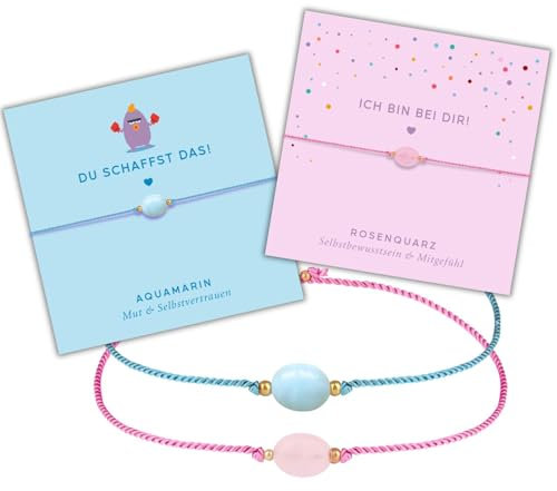 happymaker - Edelsteine für Kinder, Edelsteinarmband Set für Kinder 4-10 Jahre, Rosenquarz und Aquamarin Armband mit vergoldeten Messingperlen, handgefertigt in Deutschland