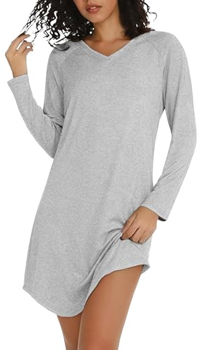 Marvmys Women’s Nightdresses Soft Cotton Nightshirt Long Sleeve V Neck Loose Nighties Sleep Dress Sleepwear Light Gray