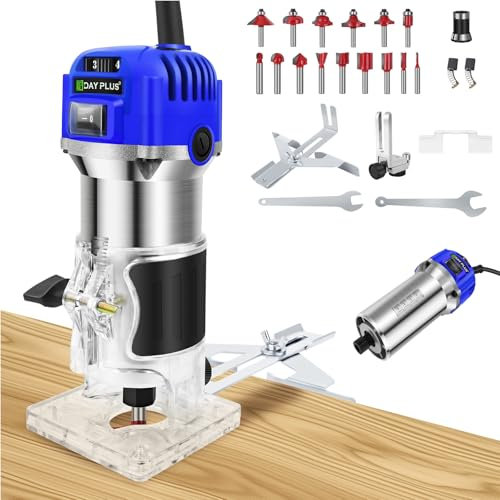 Palm Router Trimmer, Woodworking Hand Router with Trimmer Base, 800W Handheld Wood Compact Trim Router Power Routers Tool with 15pcs 1/4 inch Router Bit Set & 6 Speed Settings, Blue