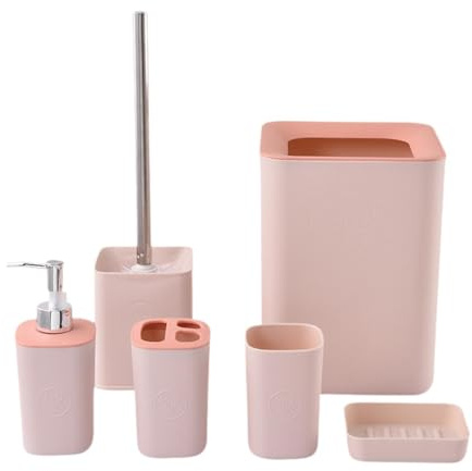 MagiDeal 6Pcs Bathroom Accessories Set Toilet Brush Simple Sturdy Toothbrush Holder Soap Dispenser for Washing Room Hotel Restaurants, Pink