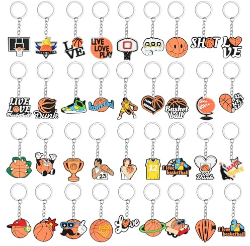 Sixfolo Set di 36 portachiavi da basket in PVC con ciondolo a forma di pallacanestro, per bambini, mini portachiavi per ragazzi e ragazze, sport, feste