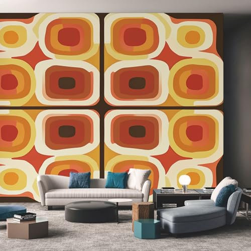 Art Deco Retro Square Wallpaper - 70s Burnt Orange Mural, Bedroom Living Room Wall Decoration, Peel & Stick Removable Panels, Photo Mural Home Decor 150x105 cm