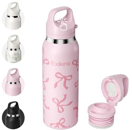 Exllena 650ml/22oz Insulated Water Bottles with One-Touch Flip Lid, Metal Water Bottle with Easy Carry Handle and Quick-Drink Design Ideal for Travel, Driving or Sport... (Pink Bow)