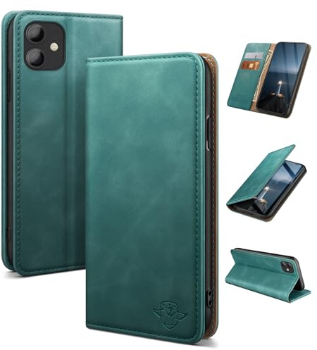SUANDUCK pour iPhone 11 6.1 Etui Flip Cuir Magnétique Haute Qualité, Porte-Cartes Blocage RFID, Support Réglable, Protection Antichoc 360°, Compatible Apple 11, Vert Foncé