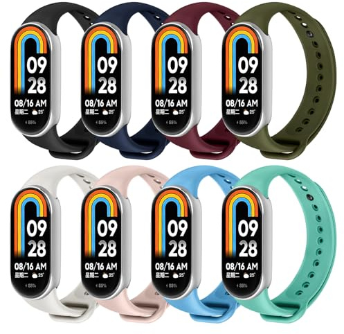 Ainiv Silicone Strap Compatible with Xiaomi Mi Band 8/9/10, 8pcs Silicone Sport Band Straps for xiaomi smart band 8/9/10, Adjustable Replacement Wristband for Women Men(Set2)