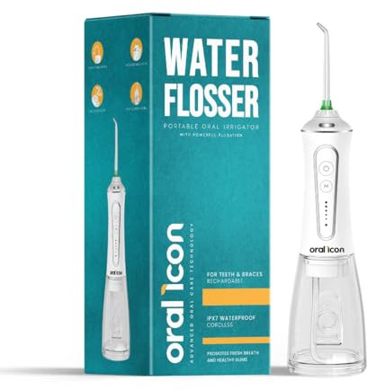 Oral Icon® Elektrische Munddusche mit pulsierendem Wasserstrahl – GumGentle+™-Technologie – 5 Druckstufen – 300 ml Wassertank – Kabellos – IPX7 Wasserdicht – 5 Aufsätzen für Zahnspangen, Kronen, Zunge