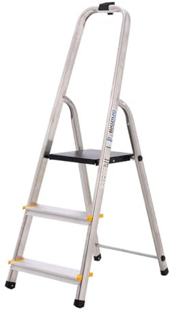 BiGDUG Aluminium Step Ladder - 3 Step Folding Ladder - Non-Slip Surface Hand Rails 3 Tread - Closed Height 1210 mm Platform Height 540 mm