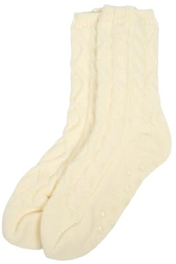 OHS Cable Knit Slipper Socks Women Soft Winter Warm Slipper Socks with Grippers Non Slip Thermal Bed Sock with Fluffy Lining Gifts for Women & Men, Cream - One Size