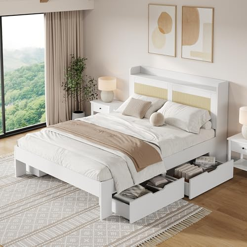 vutizal Stauraumbett 140x200 mit Schubladen und Bettkasten – Funktionsbett mit Rattan-Kopfteil, Ablageregal und Nachttisch-Design aus MDF