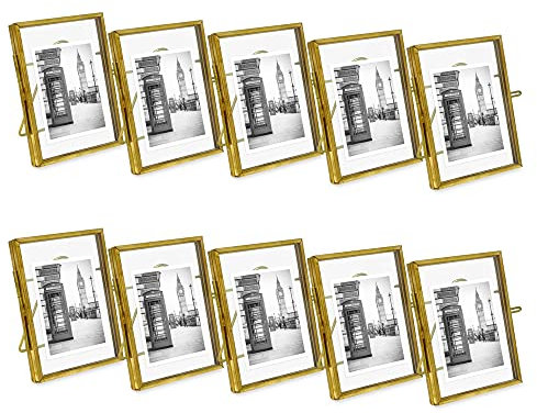 Isaac Jacobs 5 x 3 (10er Pack), Antik-Gold, Vintage-Stil, Messing und Glas, Metall-Bilderrahmen (vertikal) mit Medaillonverschluss, für Fotos, Kunst, mehr, Tischdisplay (5 x 7 cm, antikes Gold)