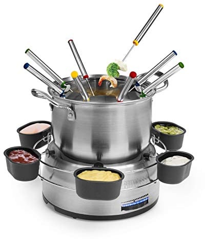 Princess Family Fondue-Set - 800 W, 1,2 Liter Fassungsvermögen, Thermostat, Edelstahl, doppelter Boden, 8 Fonduegabeln, 6 Dipschalen, Silber, 172680 01.172680.01.001, edelstahl, silber