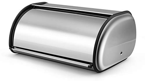 Flexzion Stainless Steel Bread Box Holder (13 inch) Metal Roll Up Top Lid Storage Container Bin Keeper for Homemade Cake Buns Toasts Loaves Pastries Pancakes Cookies, Ideal for Restaurant Home Kitchen