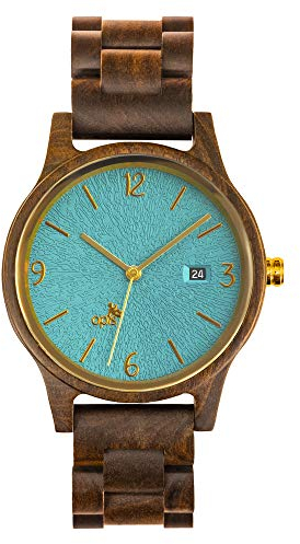 Opis UR-U1: Unisex (Damen/Herren) Retro Holz Armbanduhr aus Schwarzem Sandelholz mit einzigartigem, geprägten Ziffernblatt in Türkis mit goldenen Metallelementen (Türkis-Gold)