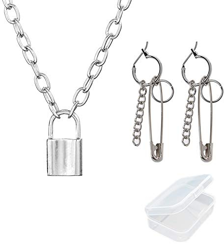 PPX Cute Silver Pin Hoop Earrings and Lock Pendant Necklace Statement Long Chain Punk Choker Necklace for Women Girls, With storage box