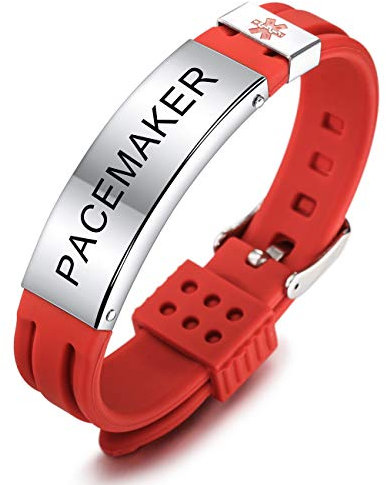 MOWOM Medical Braccialetto Personalizzato con Incisione in Silicone identificativo Regolabile per Uomo Donna Bambini in Acciaio Inossidabile Gomma- (Rosso Pacemaker)