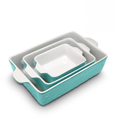 NutriChef 3-Piece Ceramic Casserole Dishes for Oven - Porcelain Bakeware Dishes w/Premium Non-Stick Coating & Built-in Handles - Dishwasher & Microwave Safe - 14.7/10.8/7.9 (Aqua)