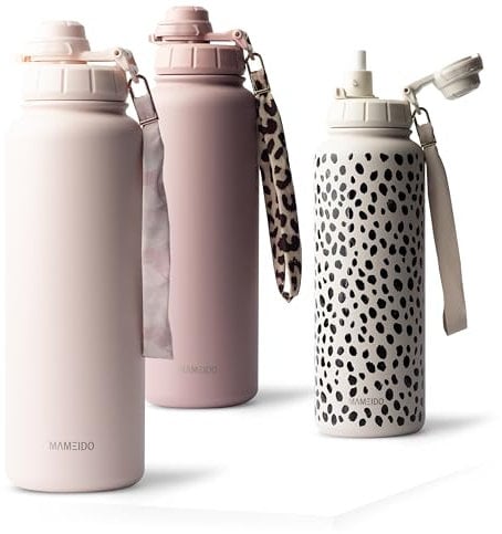 MAMEIDO Thermosflasche mit Strohhalm 1,2l, auslaufsichere Trinkflasche Edelstahl isoliert, Wasserflasche BPA-frei mit Trageschlaufe, Water Bottle Sport (Blush Kissed, 1200ml)