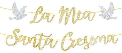 DEOMOR 【Italienisch】„La Mia Santa Cresima“ Girlande Glitzer Gold Taufe Sakrament Deko Papier Banner für Junge Mädchen Party Dekoration zum Aufhängen Baby Zubehör