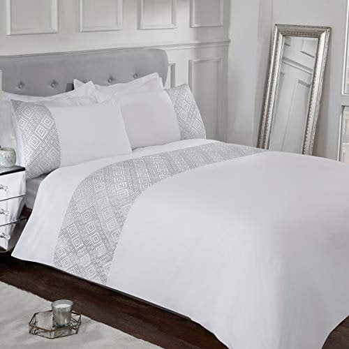 Sleepdown 3D Geometric Duvet Cover with Pillowcase Luxury Lurex Jacquard Cuff Panel Band white Soft Easy Care Polycotton Duvet Single Size (135cm x 200cm)