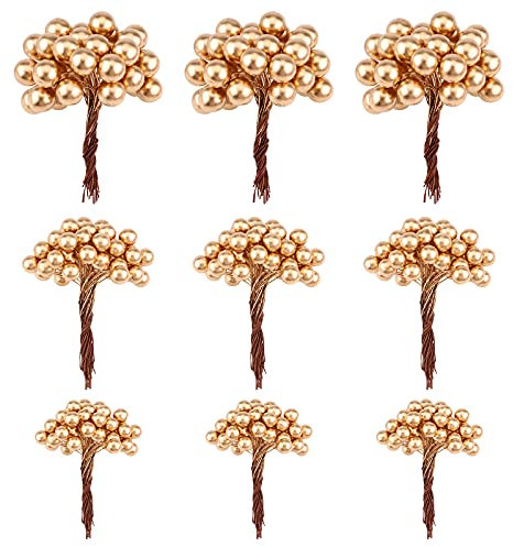 300 pezzi Bacche Artificiali di Agrifoglio Natalizio Rosso/Oro Bacca finta Fiore per Albero di Natale Ghirlanda Decorazione Artigianale Fai da te,3 dimensioni Gold