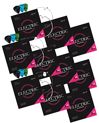 Shaman Gitarrensaiten für E-Gitarre 10x Set - Premium Stahl Saiten für elektrische Gitarre - 6+2 Saiten-Set inklusive 3 Plektren, extra D-Saite und hohe E-Saite