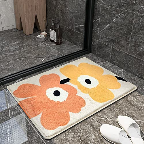Badezimmerteppich Gelb-Orange Blume Badematte Flauschig Mikrofaser Badvorleger Rutschfest Duschvorleger Schnelltrocknend Badteppich Waschbar Badmatte Verdicken Badematten & Badteppiche 50x80cm