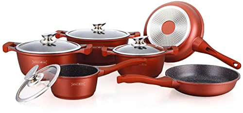ROYALTY LINE, Ensemble de 13 pièces, Batterie de Cuisine en aluminium moulé, revêtement marbré, avec poignées en silicone amovibles, compatible tous feux, Couleur Bronze
