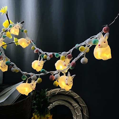 Cute Rabbit String Light with Pom Poms Fairy Lights Battery Operated Warm White 10 LED Bunny Lights Colorful Hairball Decor Lights for Home Bedroom Kids Playhouse Holiday Christmas (1.65m/10led)