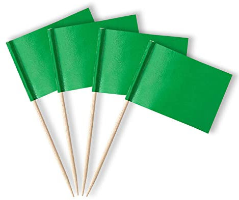 Mflagperft Banderas verdes para palillos de dientes (paquete de 100) para cupcakes, frutas, fiestas de cumpleaños (bandera de 1.4 x 1.4 pulgadas, palo de 2.5 pulgadas)