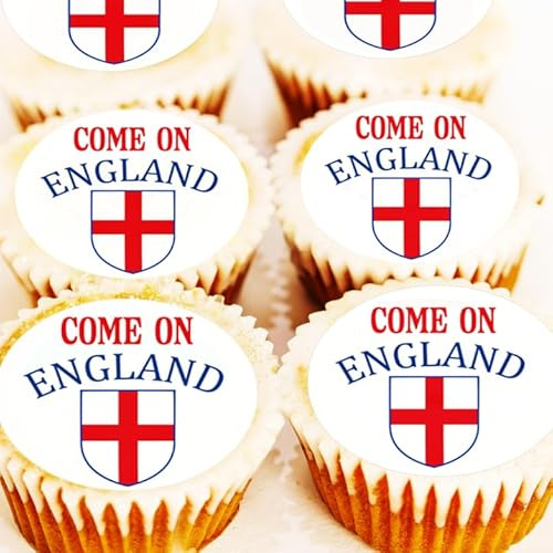 Come On England Cupcake Toppers - PRE CUT - Edible Sports Cake Decorations - 4cm x 24 - Icing or Wafer - England Shield Football Rugby Hockey Cricket Party Decorations (Edible Wafer)