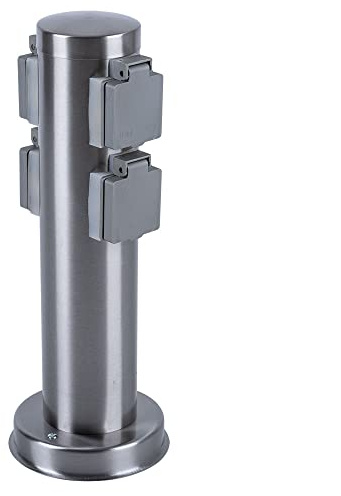 etc-shop Außen Steckdosensäule 4x Steckdosen mit Klappdeckel Edelstahl 4-fach Verteilersteckdose, IP44 Schutzklasse 1, Durchmesser x Höhe 7,5 x 35 cm, Garten Außenbereich