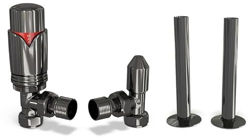 UK Radiators Black Nickel Thermostatic Radiator Valves and Angled Lockshield Valve - Polished Black Nickel Finish - Classy and Modern Design 1/2 x 15mm Angled Radiator Valves with 130mm Pipe Covers