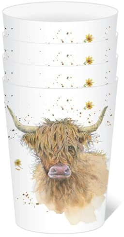 Puckator Jan Pashley Highland Coo Cow 4Pc Picnic Cups 450ml Out of Recycled Plastic Bottles - Plastic Tumblers Cups Reusable - Camping Mugs Cups Set of 4 - Unbreakable Picnic Glasses for Kids Adults