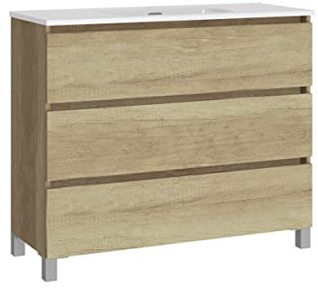 Baikal, Conjunto de baño Natura. Mueble de Baño de Fondo Reducido, con Lavabo cerámico. Distribución Tres Cajones. Mueble MONTADO. Tres Cajones sin Espejo. Fondo 39cm 90 cm Nature
