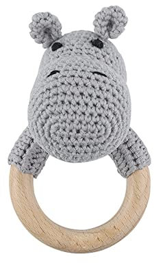 ISAKEN Greifling Baby Rassel Handgemachte Häkelrassel für Babys, Bärchen Greifling Gehäkelt mit Rassel, Häkelrassel Holzring Holzspielzeug Baby Greifling Rassel für Junge & Mädchen