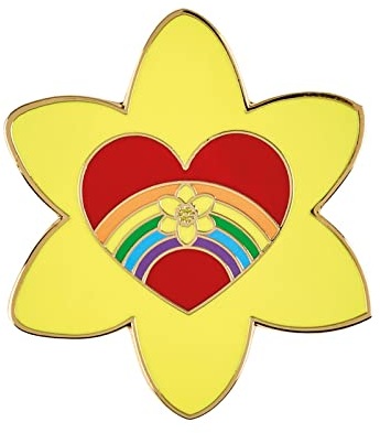Marie Curie Badge à épingle en émail en forme de jonquille et de cœur arc-en-ciel (You are Loved), Laiton
