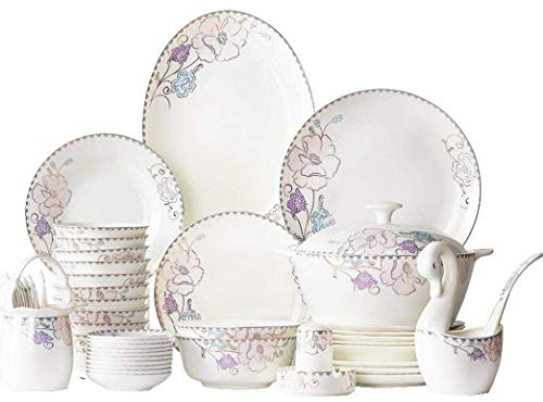 Geschirr-Set, Keramik-Geschirr-Set mit lila Blumenmuster, 50-teilig, Bone China-Essgeschirr, Teller, Schüsseln, Kombination für Bankette