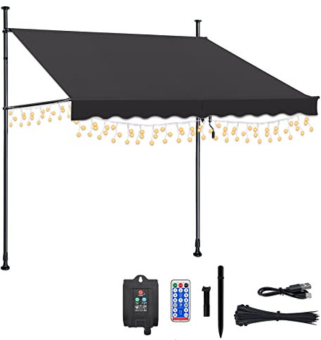 Froadp Klemmmarkise Markise mit LED Einziehbar Manuell Sonnenschutz Balkon Ohne Bohren UV-Schutz Wetterfest Höhenverstellbar Gelenkarmmarkise mit Handkurbel für Garten Terrasse (300x120cm, Anthrazit)