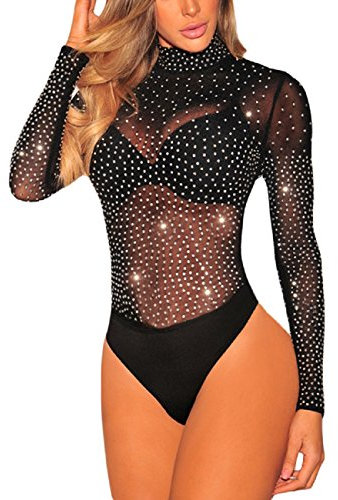 MAYFASEY Women's Sexy Rhinestone Mesh Long Sleeves Leotard Top Jumpsuits, Black, S
