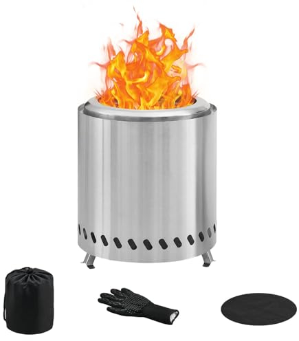 BRIAN & DANY Tabletop Solo Feuerstelle mit Ständer, rauchfreie Feuerstelle für Camping im Freien, Edelstahlofen, Lagerfeuer, Holzpelletofen – 21,8 x 25,4 cm, Silber
